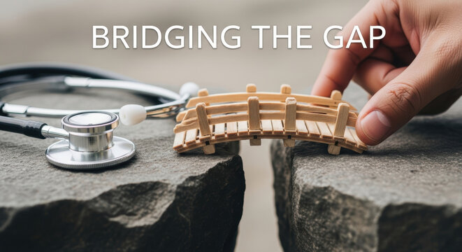 Bridging gap with health equity initiatives symbolized by hand placing small wooden bridge between two rocks near stethoscope