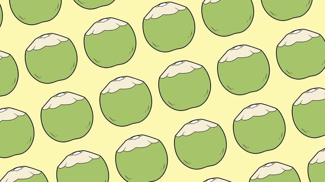 Seamless pattern illustration featuring multiple green coconuts arranged geometrically over soft pale yellow background