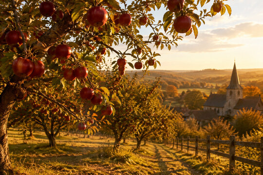 An apple orchard in autumn with branches heavy with red fruit.