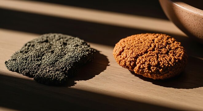 Two round rustic food items resting on wooden table under natural sunlight