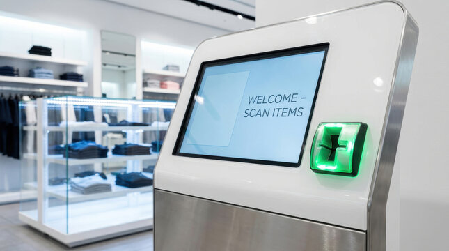 Self checkout kiosk with touch screen and green scanner in retail store reflects labor shortage impact on shopping experience