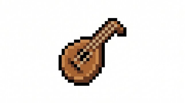 8-bit pixel art of a classic wooden lute string instrument RPG game asset isolated on white.