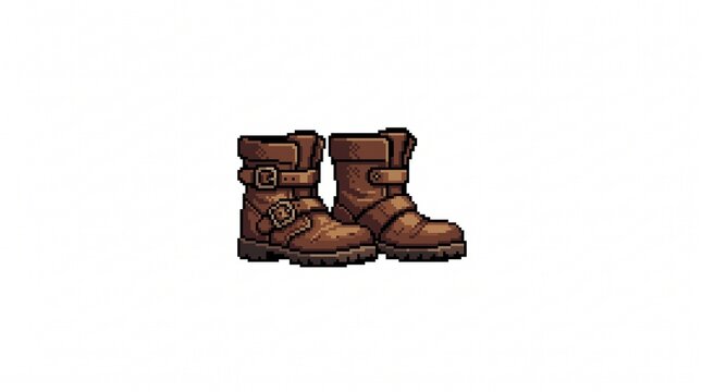 8-bit pixel art of brown leather adventurer boots RPG game asset isolated on white.