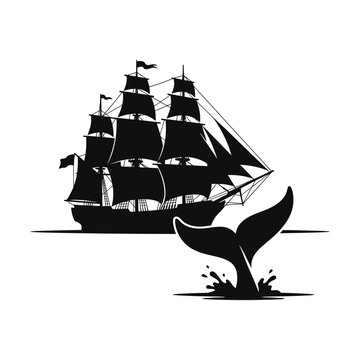 Silhouette of a vintage sailing ship and a whale tail in the ocean for marine adventure concept
