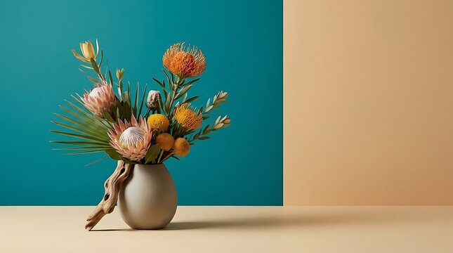 A stunning floral display featured in a studio setting for marina fest arrangements, showcasing exotic protea flowers in a modern ceramic vase design.