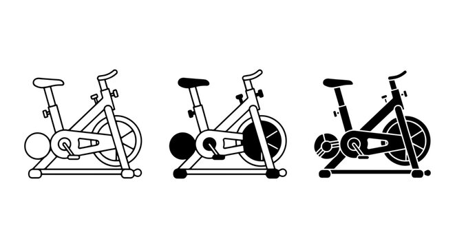 Spin Bike Icons, Stationary Exercise Bicycle Vector Set, Indoor Cycling Machine Graphics