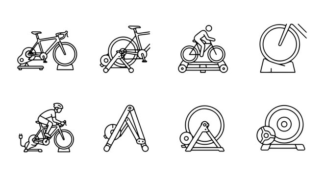 Indoor Cycling Trainer Icons, Bicycle Exercise Machine Vector Set, Stationary Bike Training Graphics
