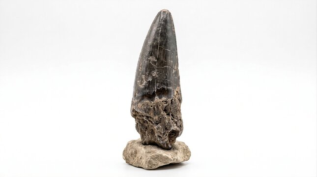 Dark fossilized shark tooth preserved in a small stone matrix, isolated on white for paleontology, geology and prehistoric marine life concepts.