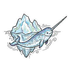 Narwhal swimming in arctic ocean water near a glacier iceberg hand drawn illustration © SuryaAji