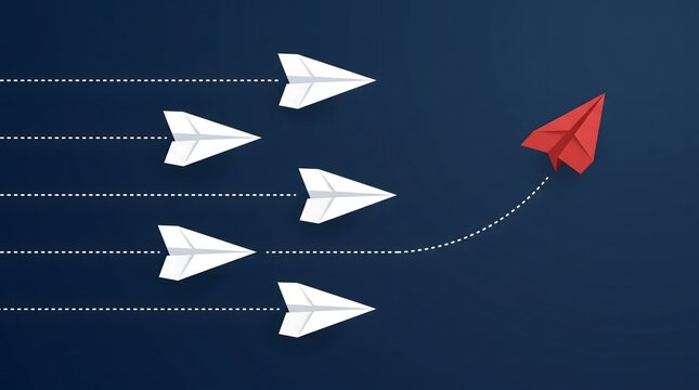 Red paper airplane changing direction from white planes