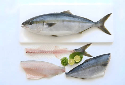 Yellowtail cut set with whole fish fillet and bone isolated on white
