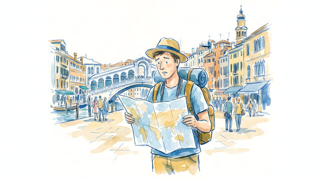 Confused male traveler with backpack holding map near Rialto Bridge in Venice Italy