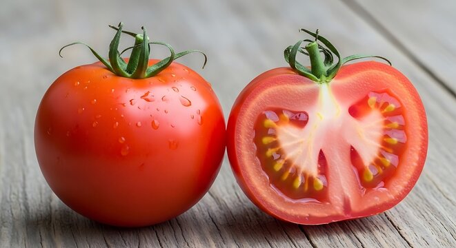 Fresh red tomato and a cut slice on a rustic wooden table with vegetable