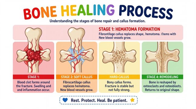 Human Bone Healing Process Infographic with Stages of Fracture Repair