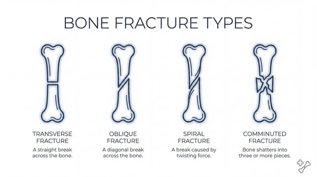 Medical Infographic Illustrating Common Bone Fracture Types: Transverse, Oblique, Spiral, and Comminuted