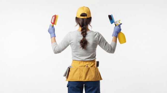 Cleaning Service Professional: A female professional in a yellow cap and apron holds cleaning tools, ready for action with a spray bottle and brush.