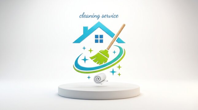 Cleaning Service Logo: A stylized logo featuring a house icon, a broom, and sparkling stars, representing a professional cleaning service that brings shine and cleanliness to homes.