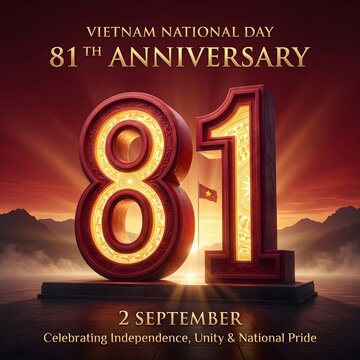 Vietnam national day 81st anniversary celebration with large gold number 81 with day september 2nd