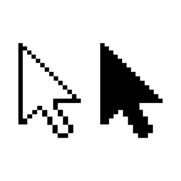 Pixel cursor icon outline and filled black for computer mouse pointer.