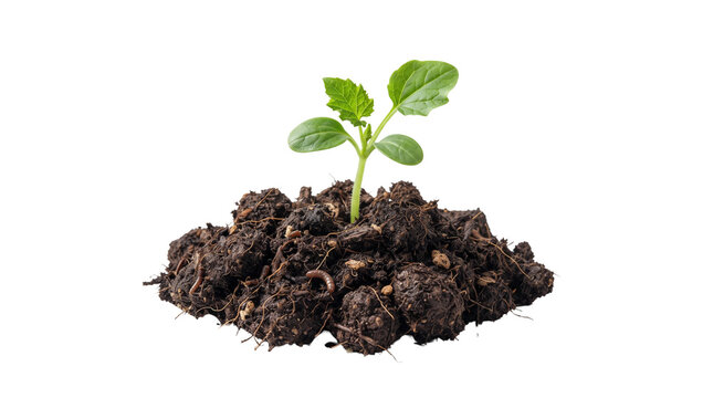 Young green seedling growing from dark fertile soil, small plant sprout in rich earth, organic gardening and agriculture concept isolated PNG with Transparent Background