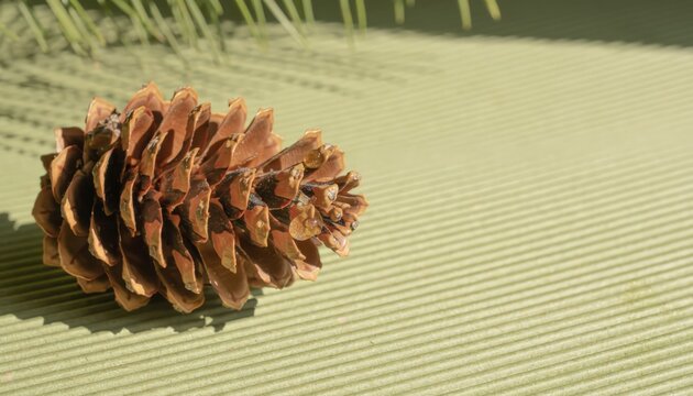 Pine cone on textured mat in warm sunlight with natural shadow and soft green background