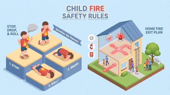 Child Fire Safety Rules Infographic with Stop Drop and Roll Steps and Home Exit Plan