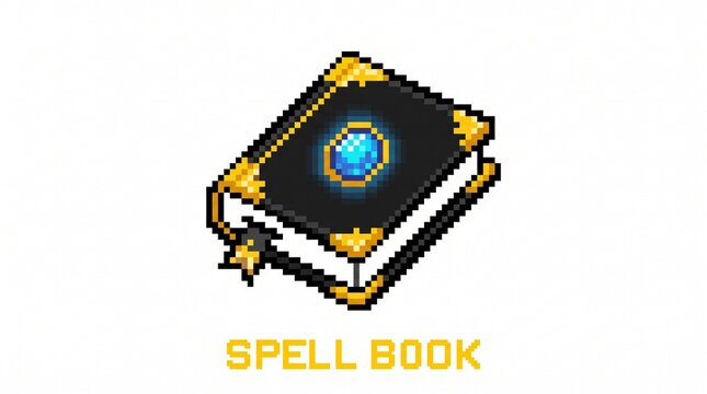 8-bit pixel art of a black magic tome spellbook RPG game asset isolated on white.
