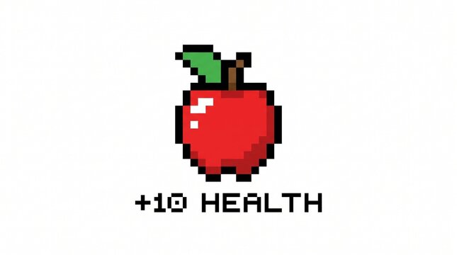 8-bit pixel art of a shiny red apple food and health game asset isolated on white.