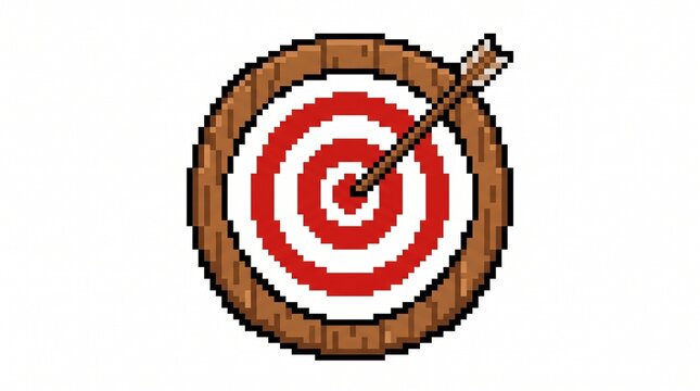 8-bit pixel art of a wooden archery target with an arrow game asset isolated on white.