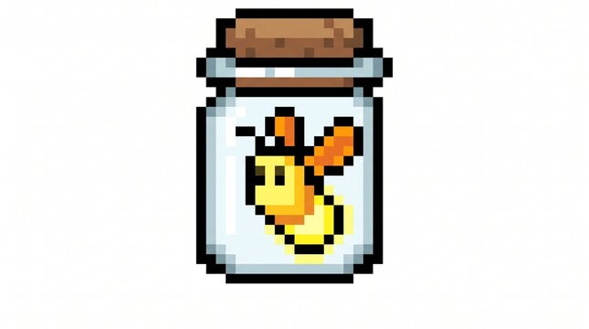 8-bit pixel art of a glowing firefly inside a glass jar game asset isolated on white.