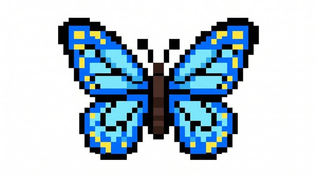 8-bit pixel art of a beautiful blue butterfly bug catching game asset isolated on white.