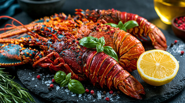 Delicious grilled lobsters served with lemon and fresh herbs on dark stone luxury food delicious