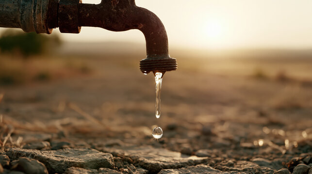 Close up cinematic b roll of rusty outdoor water faucet dripping onto dry soil at sunset, highlighting drought, scarcity, conservation, and fragile access to clean water in arid landscape