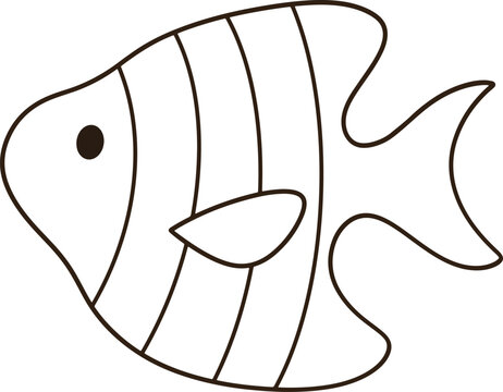 Cute angelfish line art cartoon hand drawn minimal striped fish outline icon for coloring book