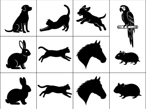 Domestic Pets Silhouette Set, Dog Cat Rabbit Horse Parrot Hamster Vector Icons Collection