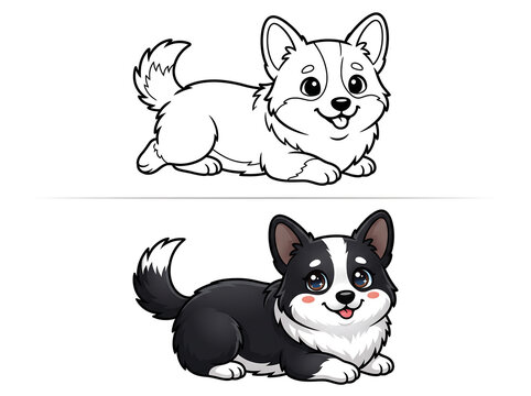 Cute Corgi Dog Coloring Page with Color Example, Cute Puppy Line Art Vector Outline