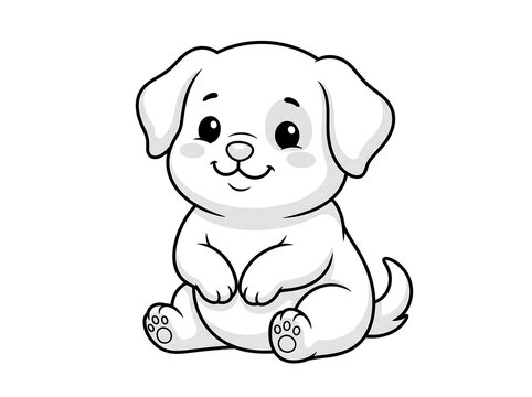 Cute Little Puppy Sitting Illustration, Fluffy Baby Dog Vector Line Art Graphic