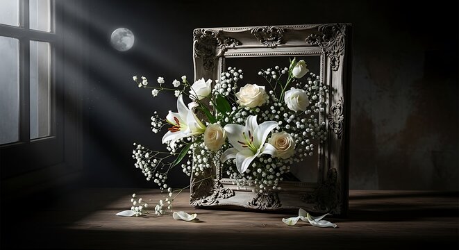 White lily and rose floral bouquet in an elegant silver picture frame