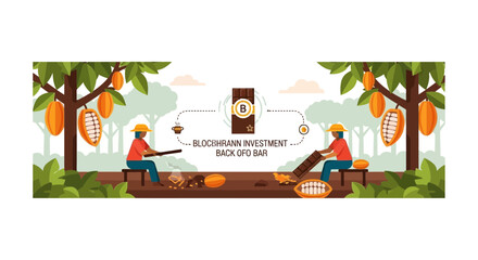 Fototapeta premium Blockchain Cocoa Farm Investment and Chocolate Supply Chain Illustration Banner