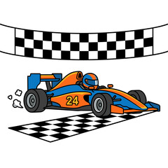 Fototapeta premium Cartoon formula race car crossing checkered finish line vector illustration