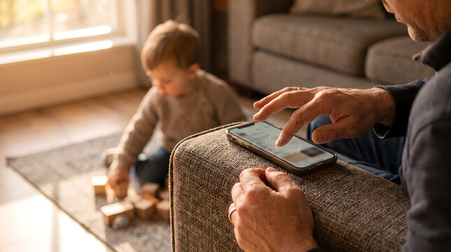 Parent holding smartphone mockup blank white screen while blurred toddler plays with wooden blocks phubbing concept
