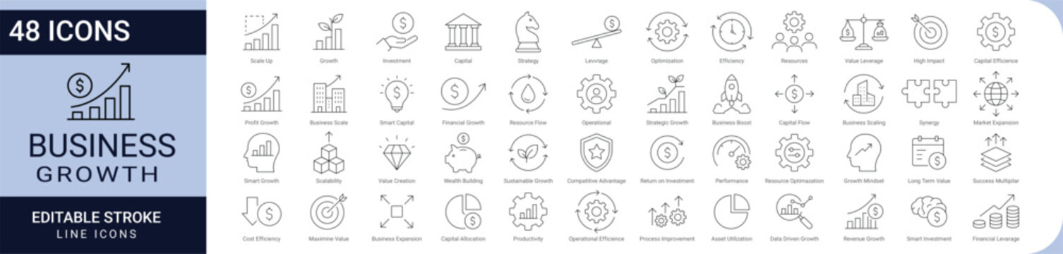 Business growth and financial strategy icon set. collection of investment, capital, scalability, optimization, efficiency, productivity, value creation, and revenue growth icons. editable stroke.