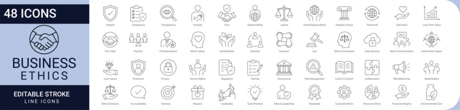 business ethics and corporate governance icon set. collection of integrity, compliance, transparency, responsibility, sustainability, diversity, justice, and ethical leadership icons. editable stroke.