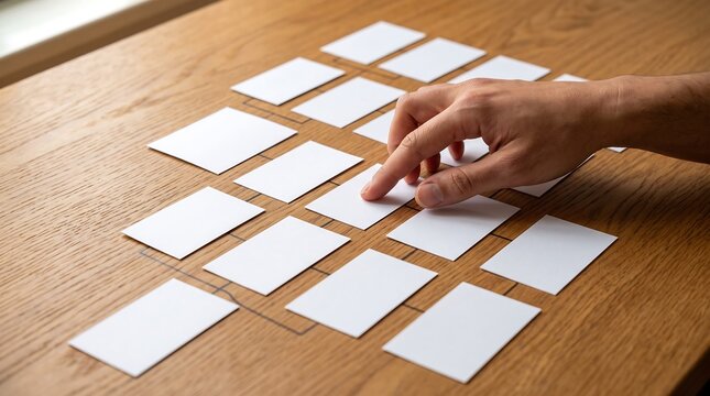 Person pointing at blank cards on a wooden desk for project planning