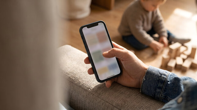 Close up hand holding phone mockup blank screen while blurred toddler plays alone on floor parental guilt concept