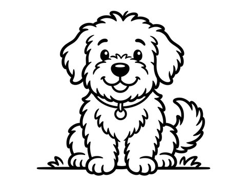 Cute Dog Coloring Page for Kids, Hand Drawn Fluffy Puppy Line Art Illustration Vector