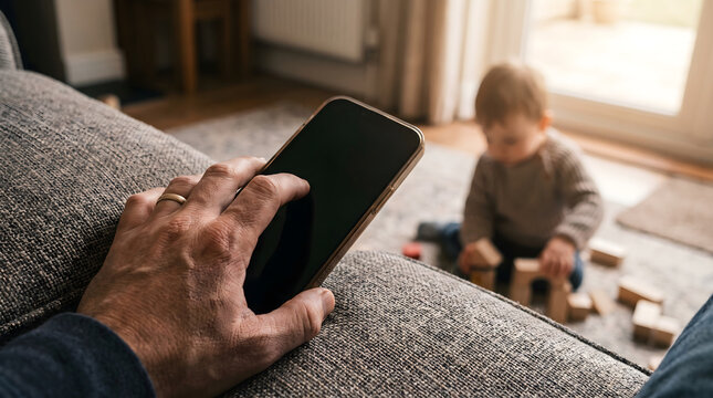 Close up parent hand holding mobile phone mockup on sofa while blurred little boy plays with wooden toys phubbing