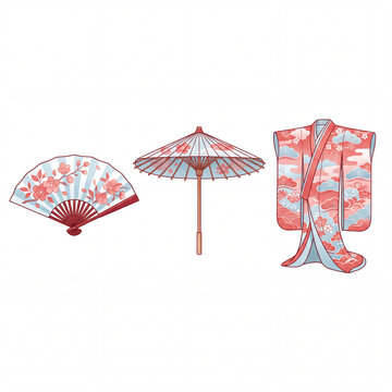 Japanese Fan Umbrella And Kimono Set With Cherry Blossom Pattern