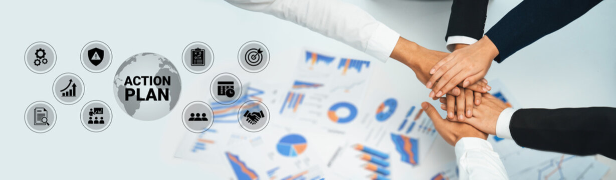 A dynamic team collaborates to develop a strategic action plan, depicted with diverse hands on charts and visuals, signifying collective goals and analysis for success. Ledger