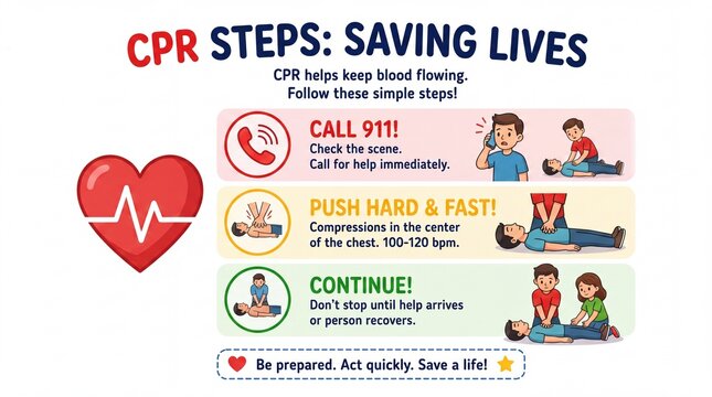 CPR First Aid Steps Infographic Illustration for Emergency Life Saving Guide